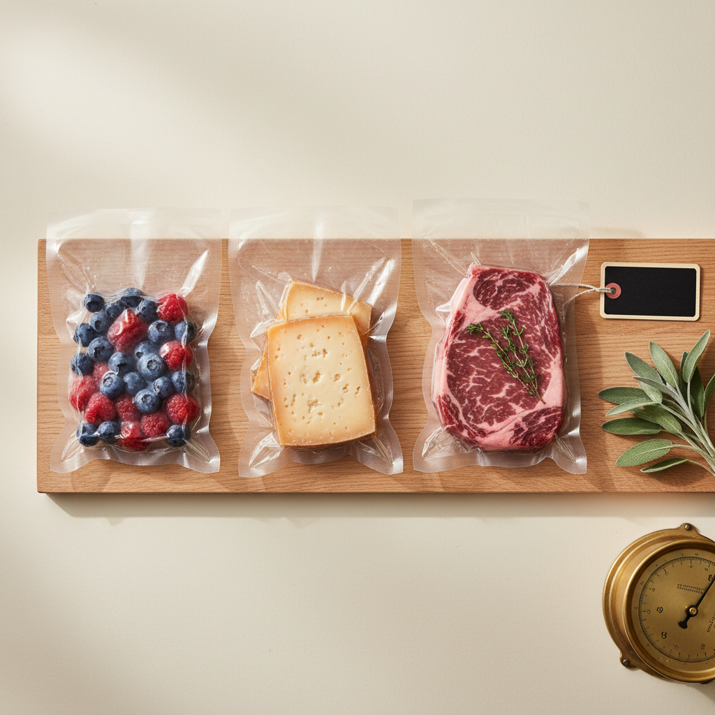 Vakuumierte Beutel mit Beeren, Käse und Steak auf Holz