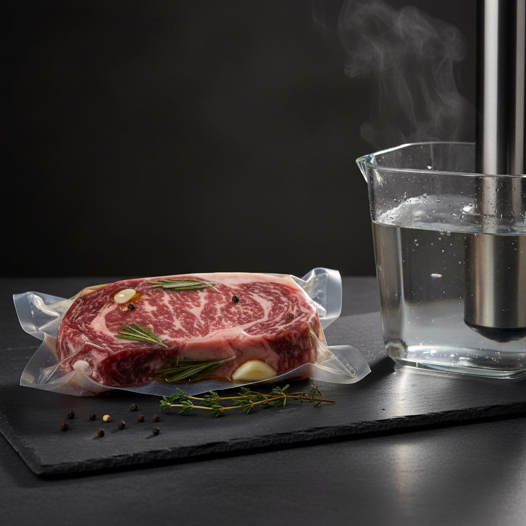 Vakuumierter Beutel mit Steak und Kräutern neben Sous-Vide-Stick