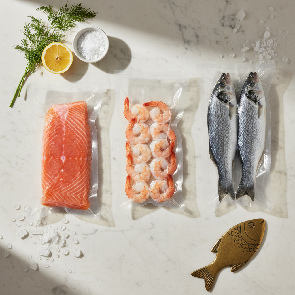 Drei vakuumierte Beutel mit Lachs, Garnelen und Wolfsbarsch auf Marmor