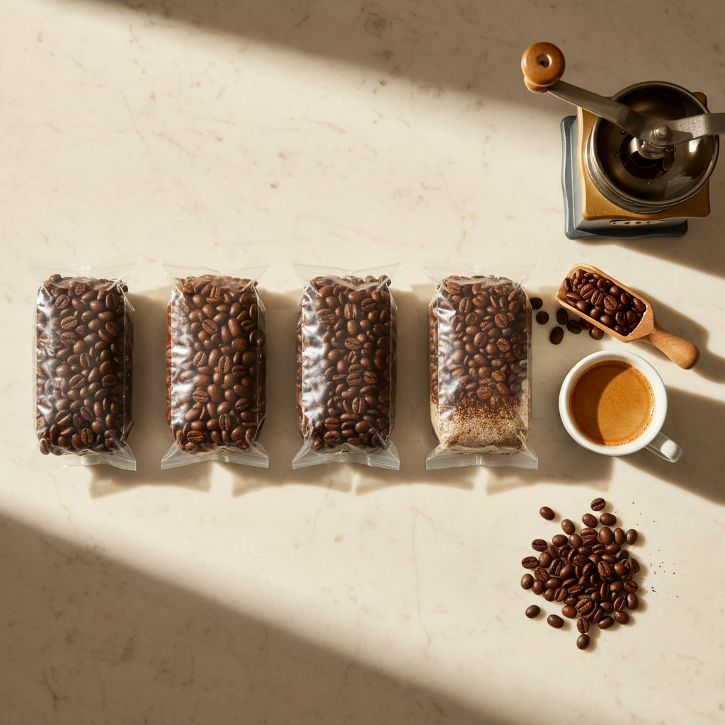 Drei vakuumierte Beutel mit Kaffeebohnen und eine Espresso-Tasse auf Marmor