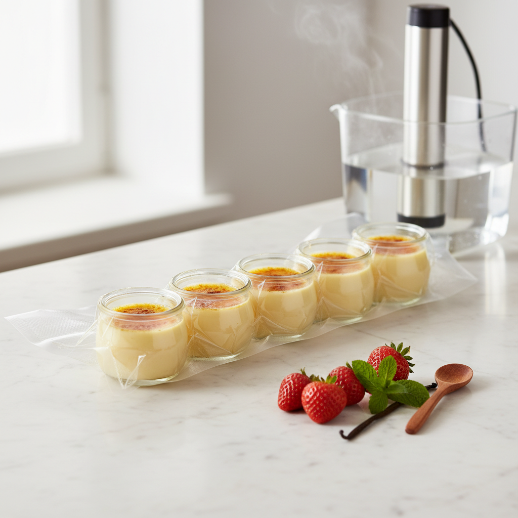 Vakuumierter Beutel mit Crème-Brûlée-Gläschen neben Vanilleschote und Sous-Vide-Stick